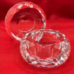 Oleg Cassini Diamond Faceted Crystal 3.5" Votive Tea Candle Holder Set 2 Signed